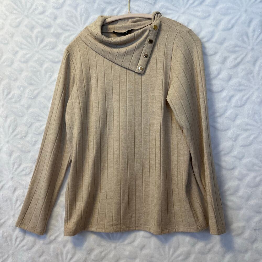 Rafaella tan ribbed sweater wide collar gold accent buttons size S preowned